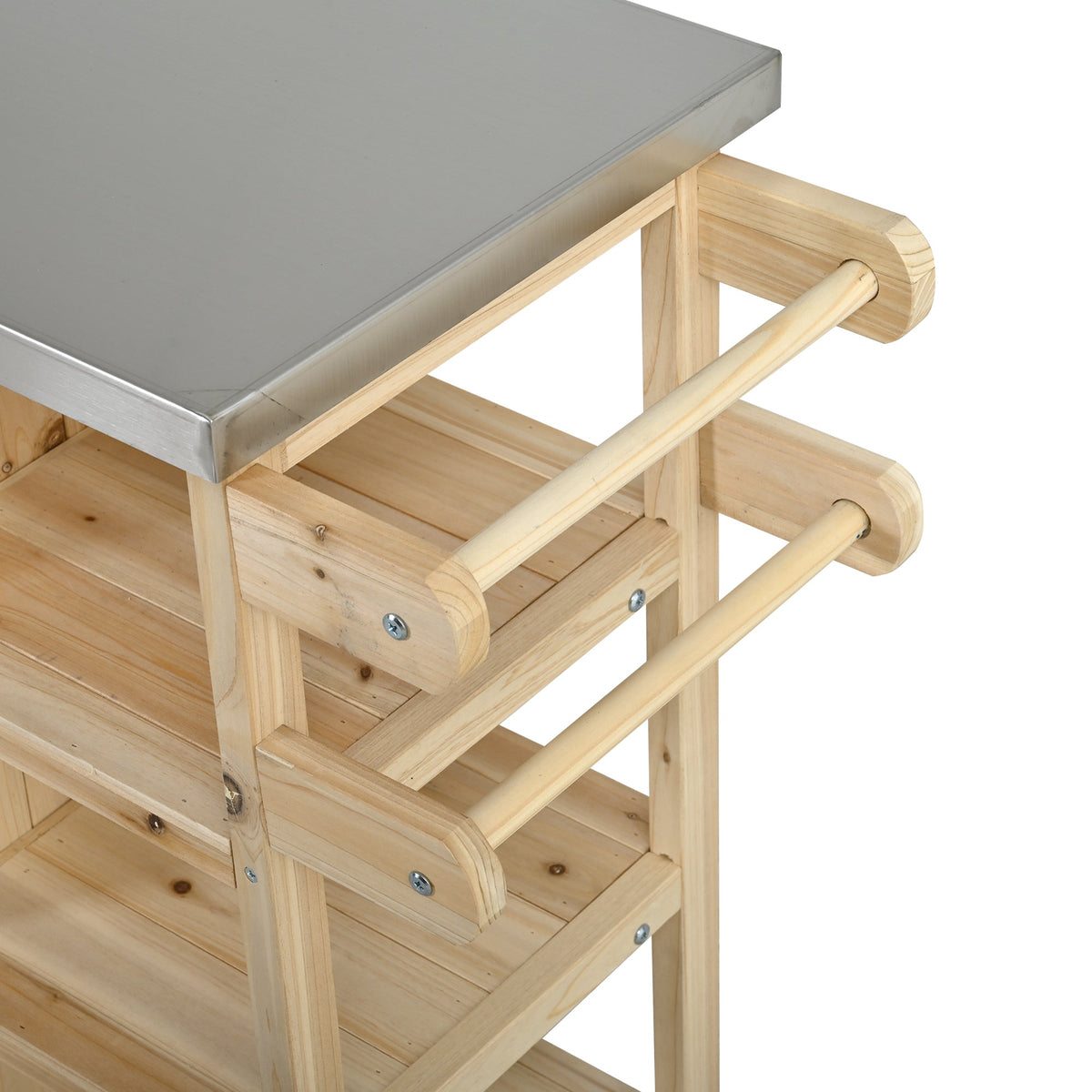 Foldable Outdoor Kitchen Island with Stainless Steel Top and Storage - Natural Fir Wood