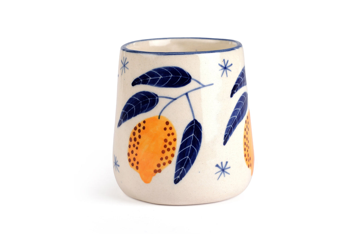 Yellow Lemon Coffee Mug | Handpainted Stoneware | 250ml (Set of 2)