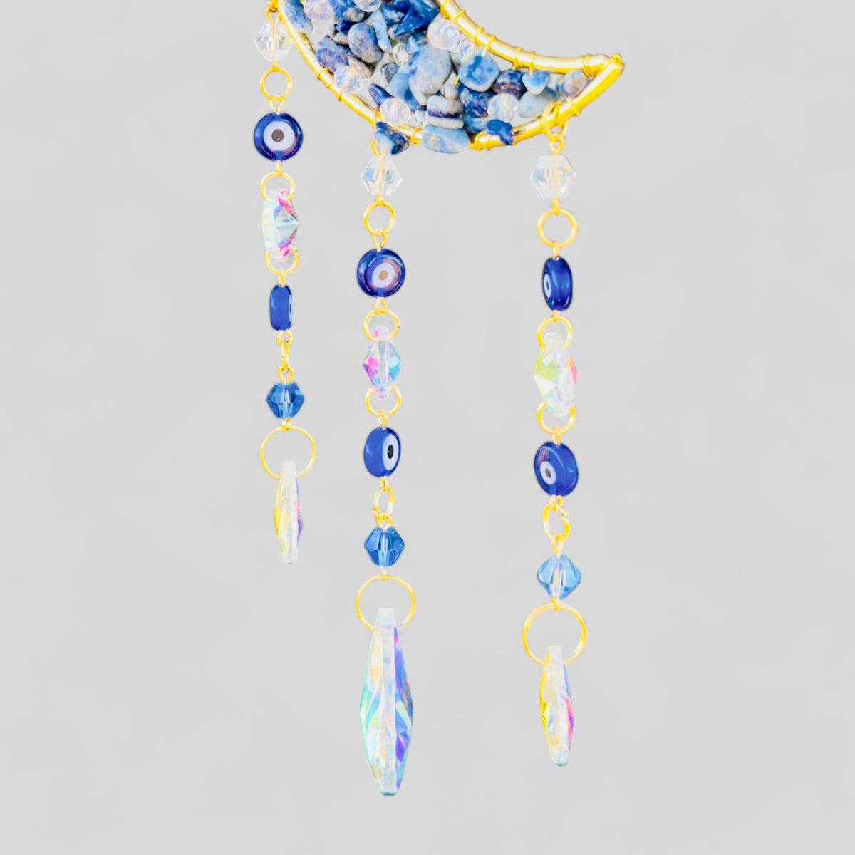 Gold Metal Crescent Moon Dreamcatcher Suncatcher with Hanging Evil Eye Charm and Prisms -- Window Hanging or Wall Hanging