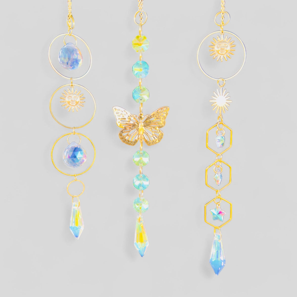 3 Pack Gold Metal Suncatchers with Hanging Charms and Prisms -- Car Charm, Window Hanging or Wall Hanging
