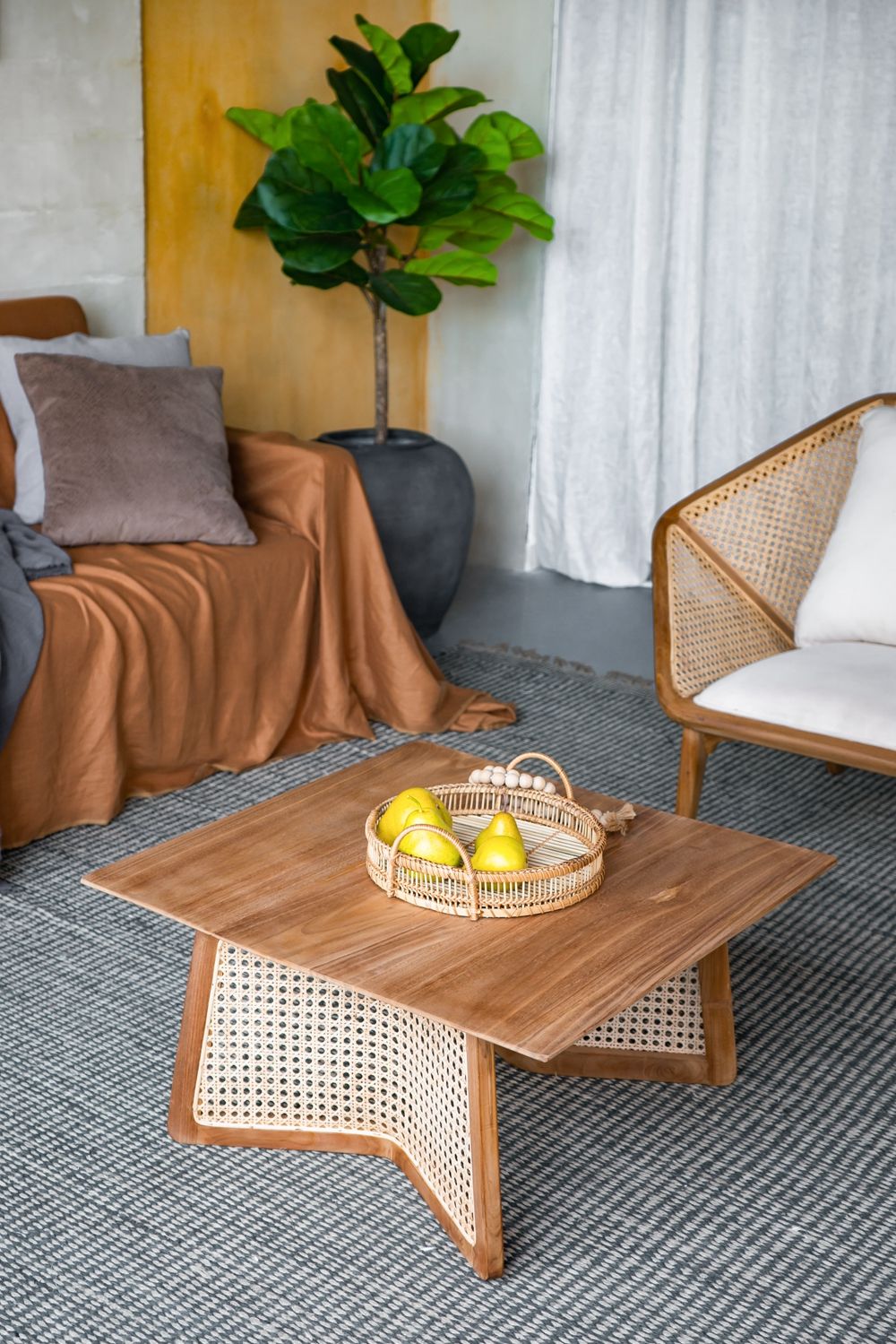 Teak Coffee Table with Teak and Rattan Construction - Natural Wood / Brown