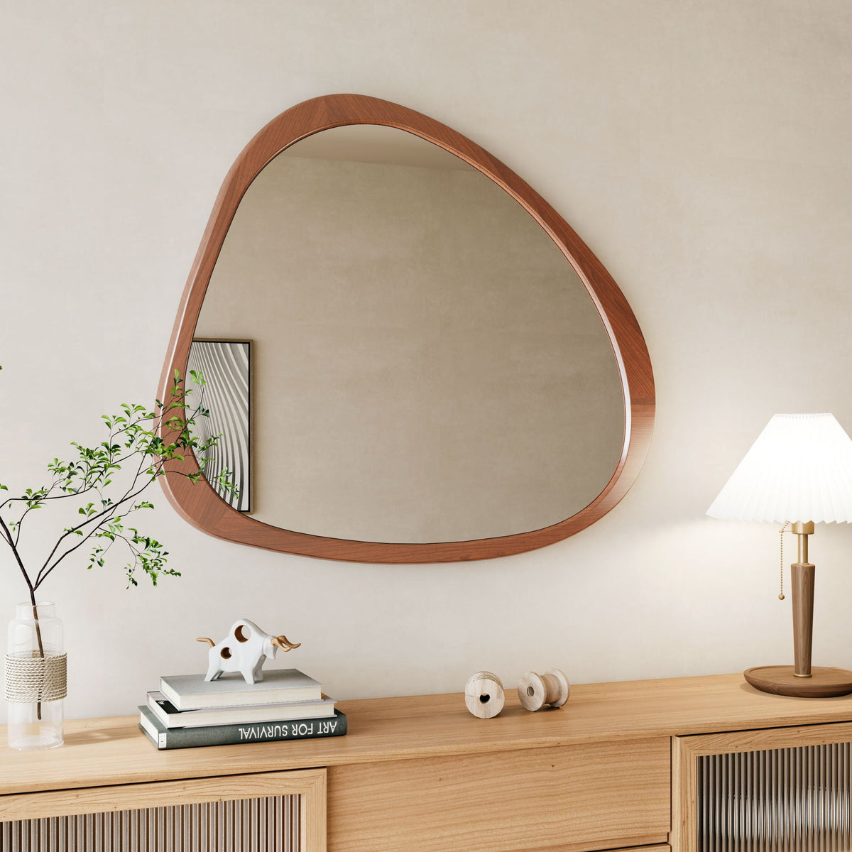 Asymmetrical Wall Mirror with Solid Natural Wood Frame - Large Sized Dressing Mirror