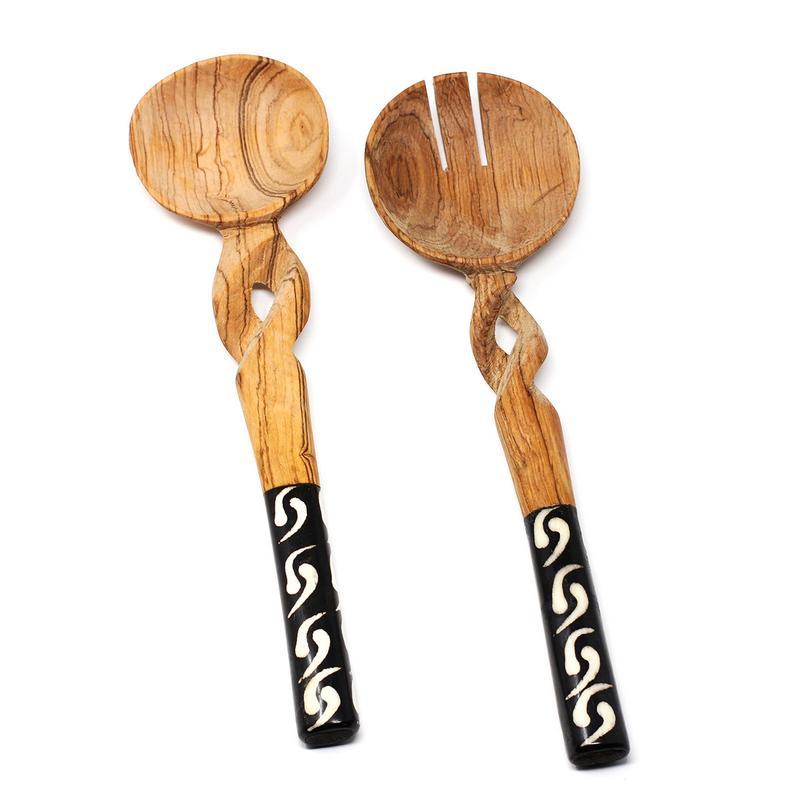 Jedando Handicrafts Olive Wood Salad Serving Set with Twisted Handles