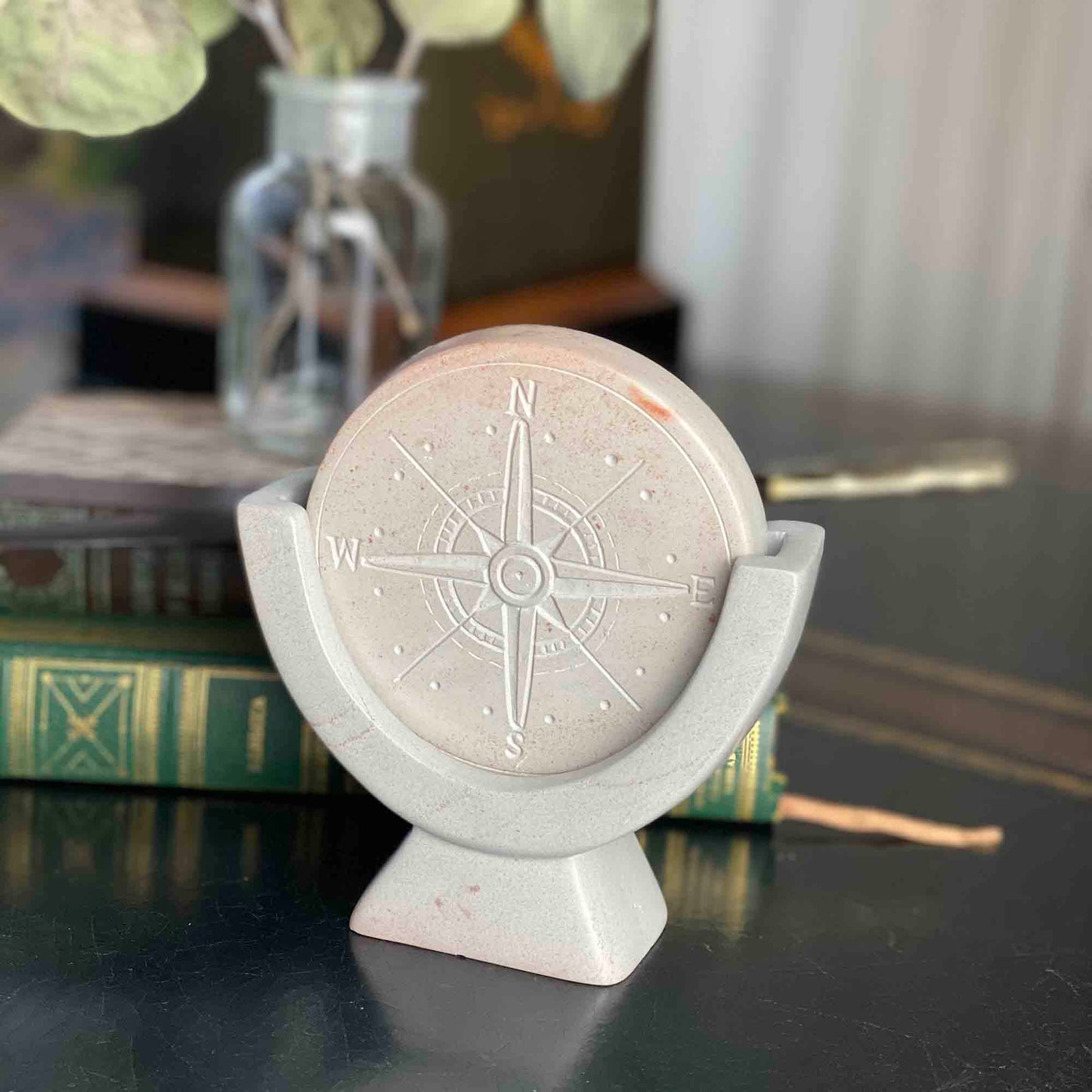 SMOLArt Compass Soapstone Sculpture Light Gray Stone