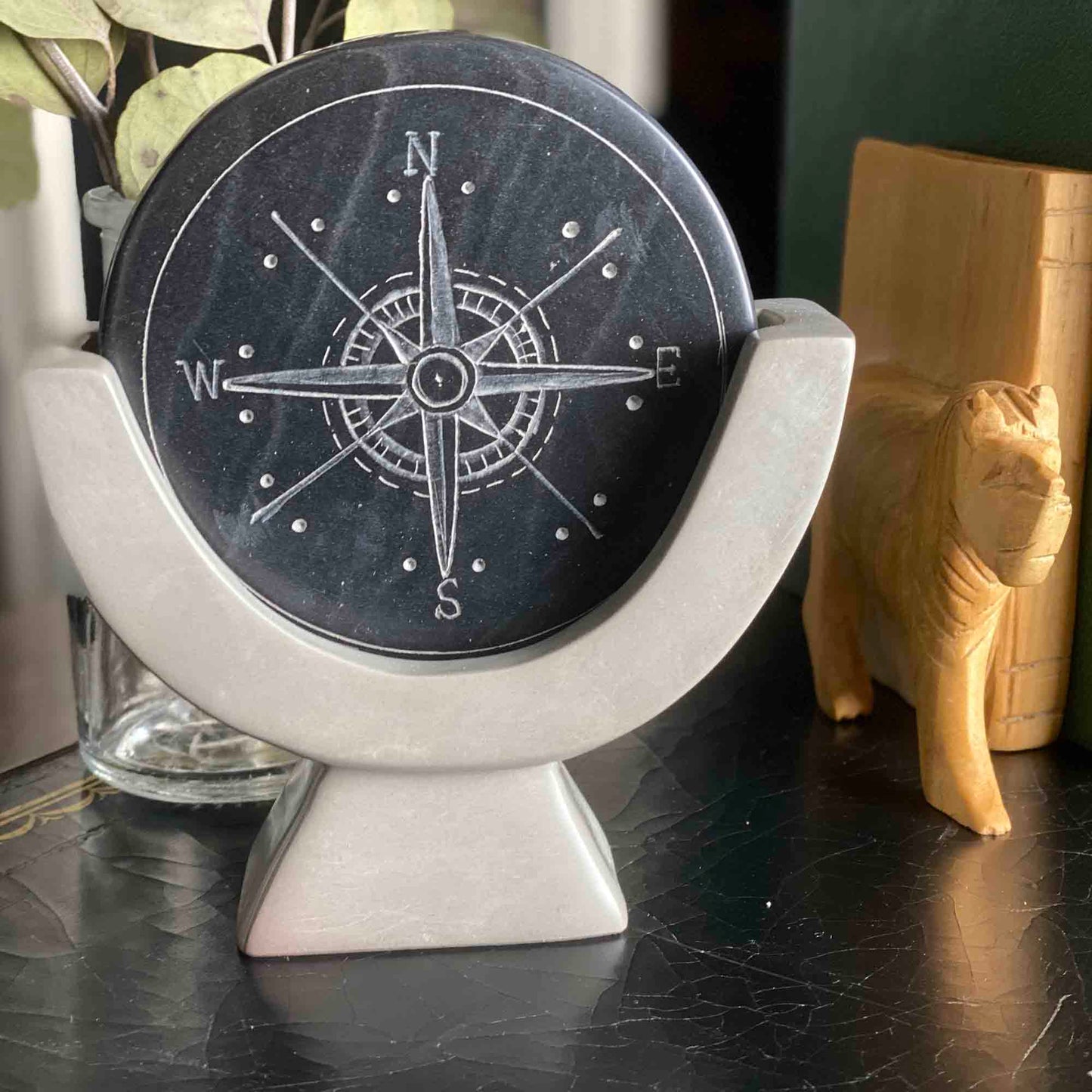 SMOLArt Compass Soapstone Sculpture Dark Gray Stone