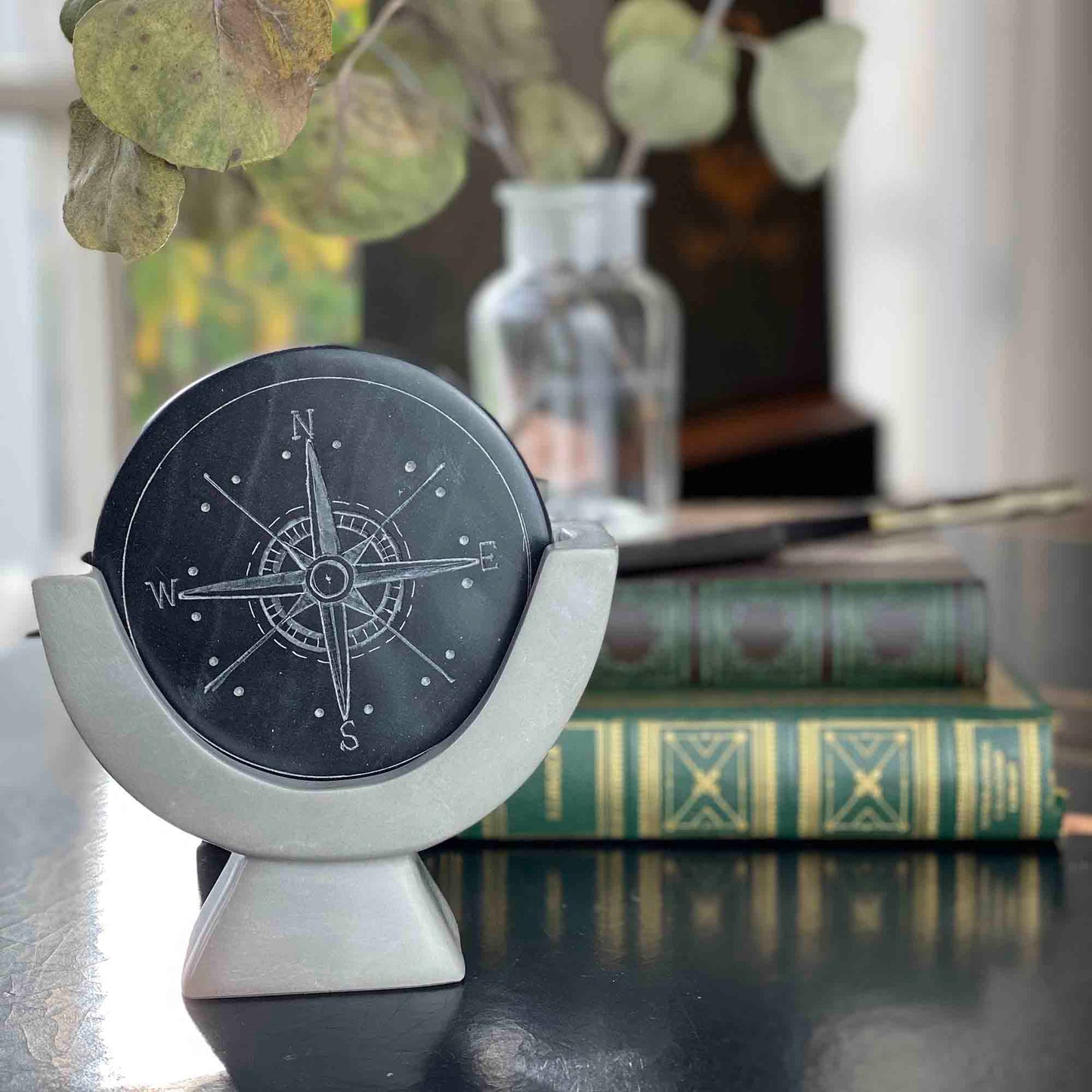SMOLArt Compass Soapstone Sculpture Dark Gray Stone