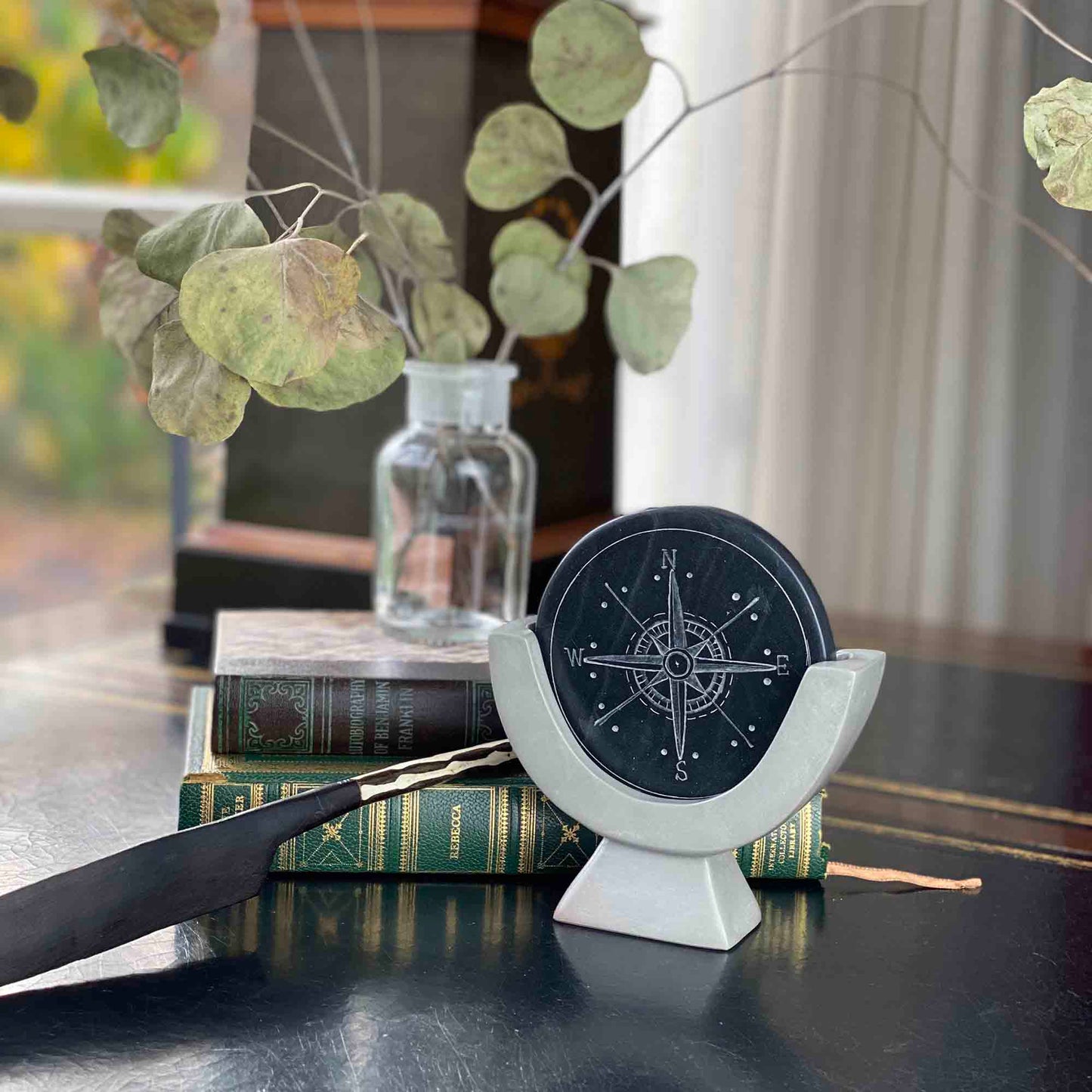 SMOLArt Compass Soapstone Sculpture Dark Gray Stone