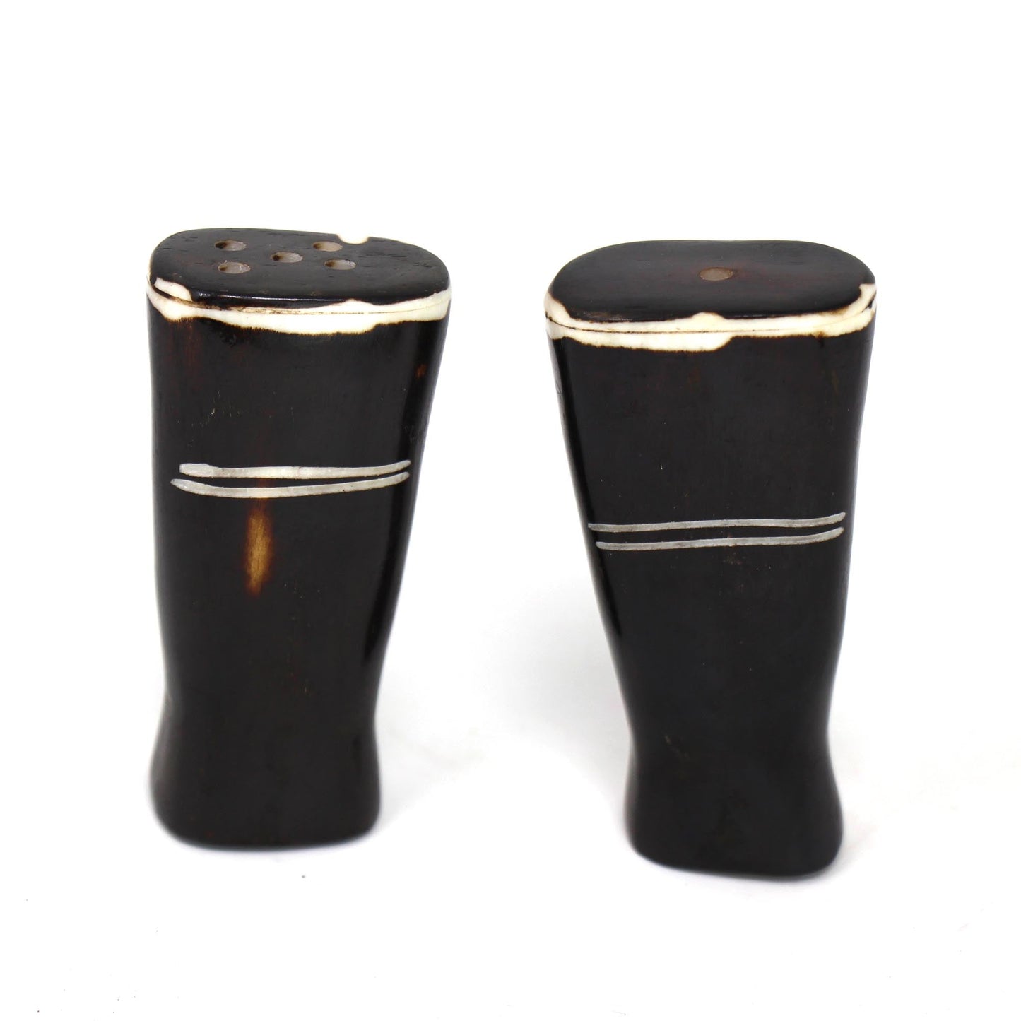 Jedando Handicrafts African Natural Bone Salt & Pepper Shakers, White Etch Design on Dark