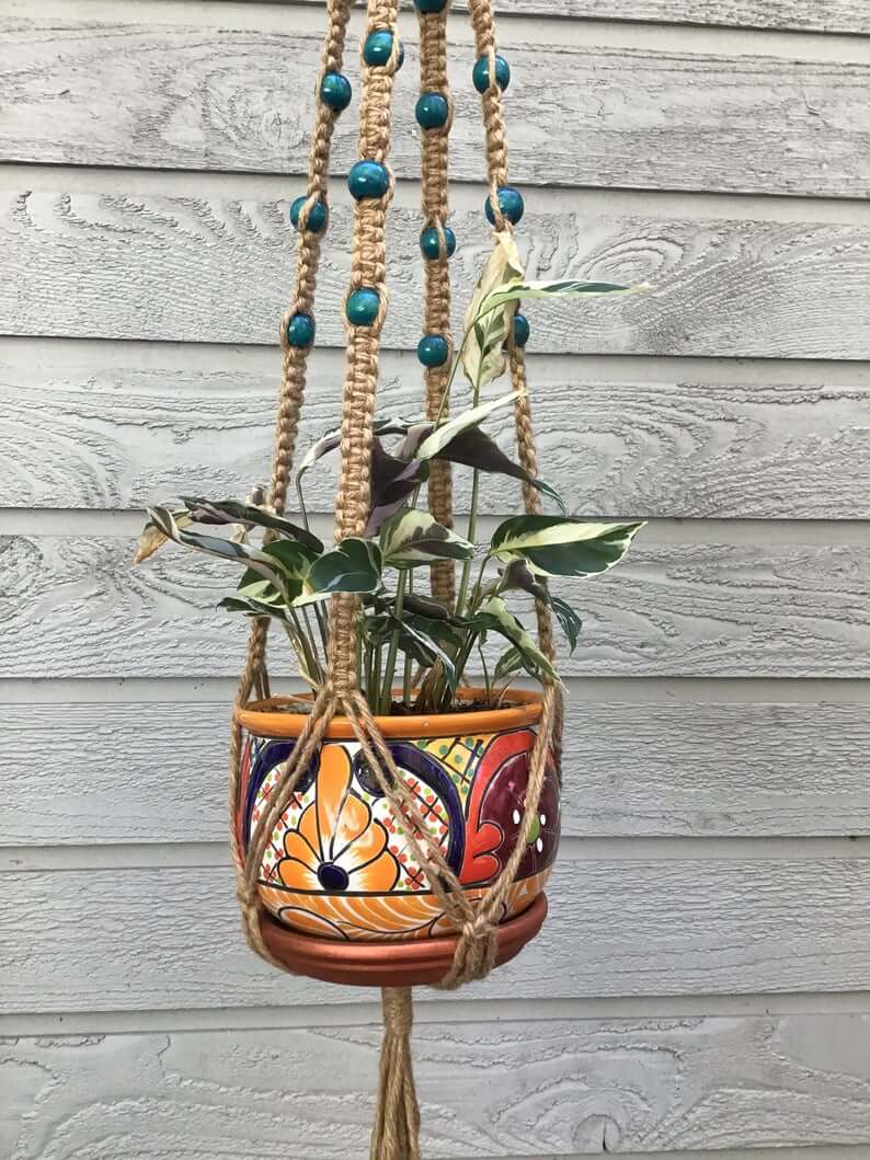 macrame plant hanger with wooden beads HangingKnots Jute Hanger with Round Teal Wooden Beads