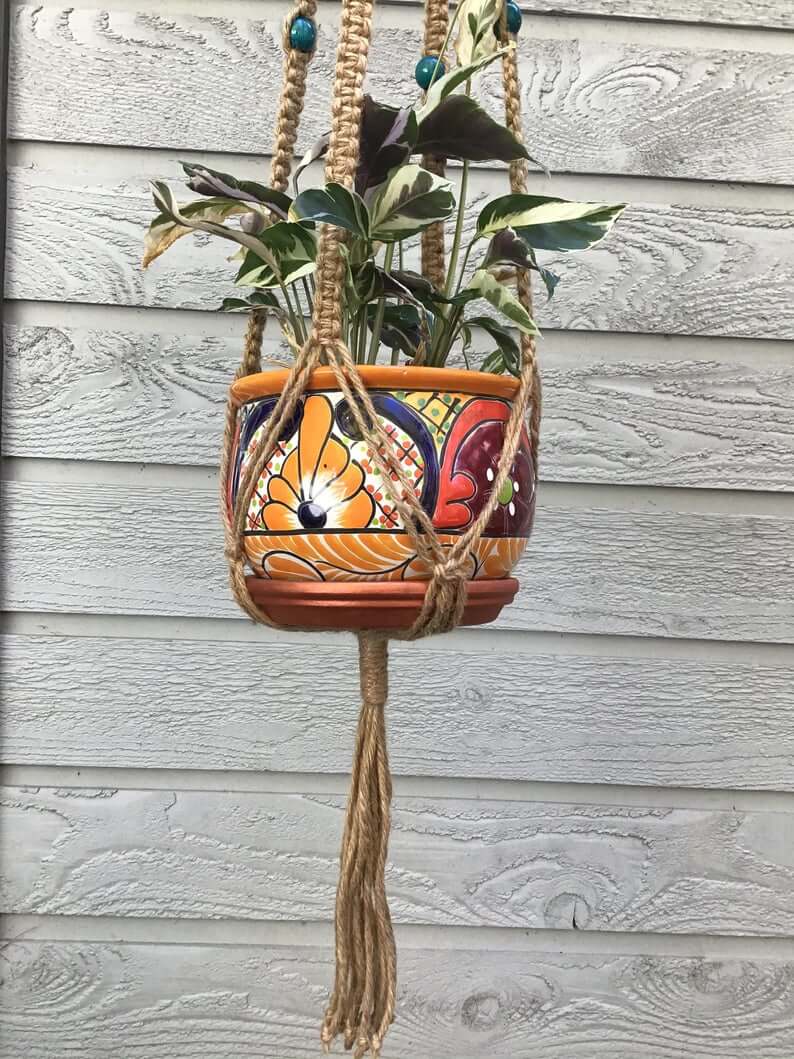 HangingKnots Jute Hanger with Round Teal Wooden Beads