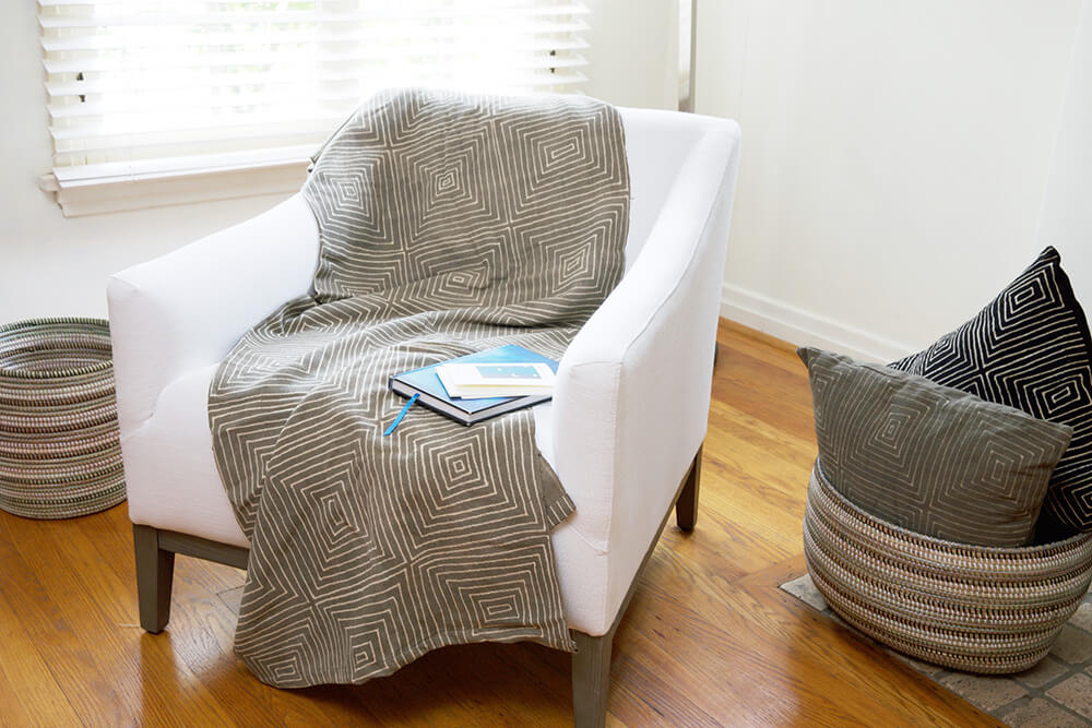 Swahili African Modern Grey Segou Squares Organic Cotton Mudcloth Throw