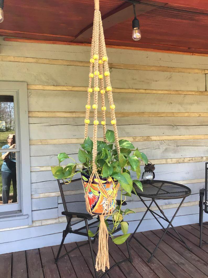 HangingKnots Jute Hanger with Round Yellow Wooden Beads