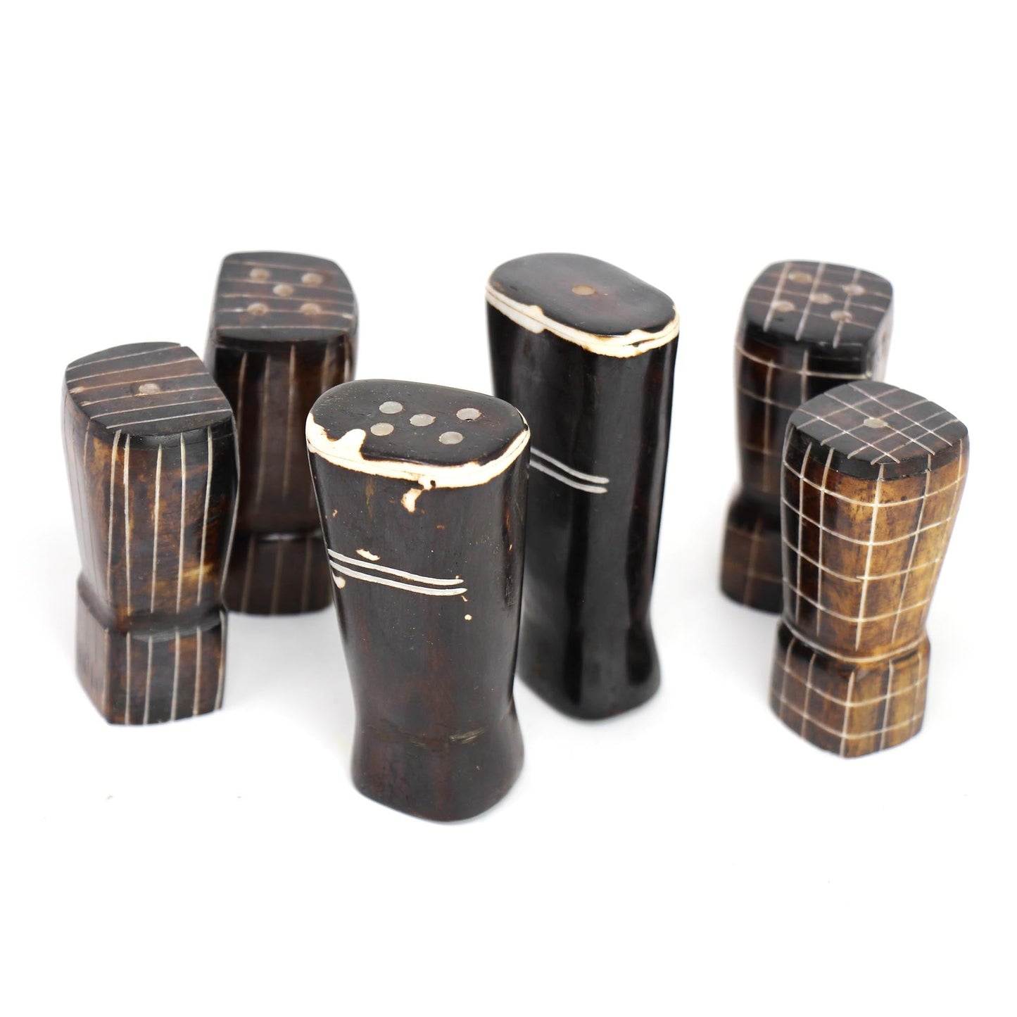Jedando Handicrafts African Natural Bone Salt & Pepper Shakers, White Etch Design on Dark