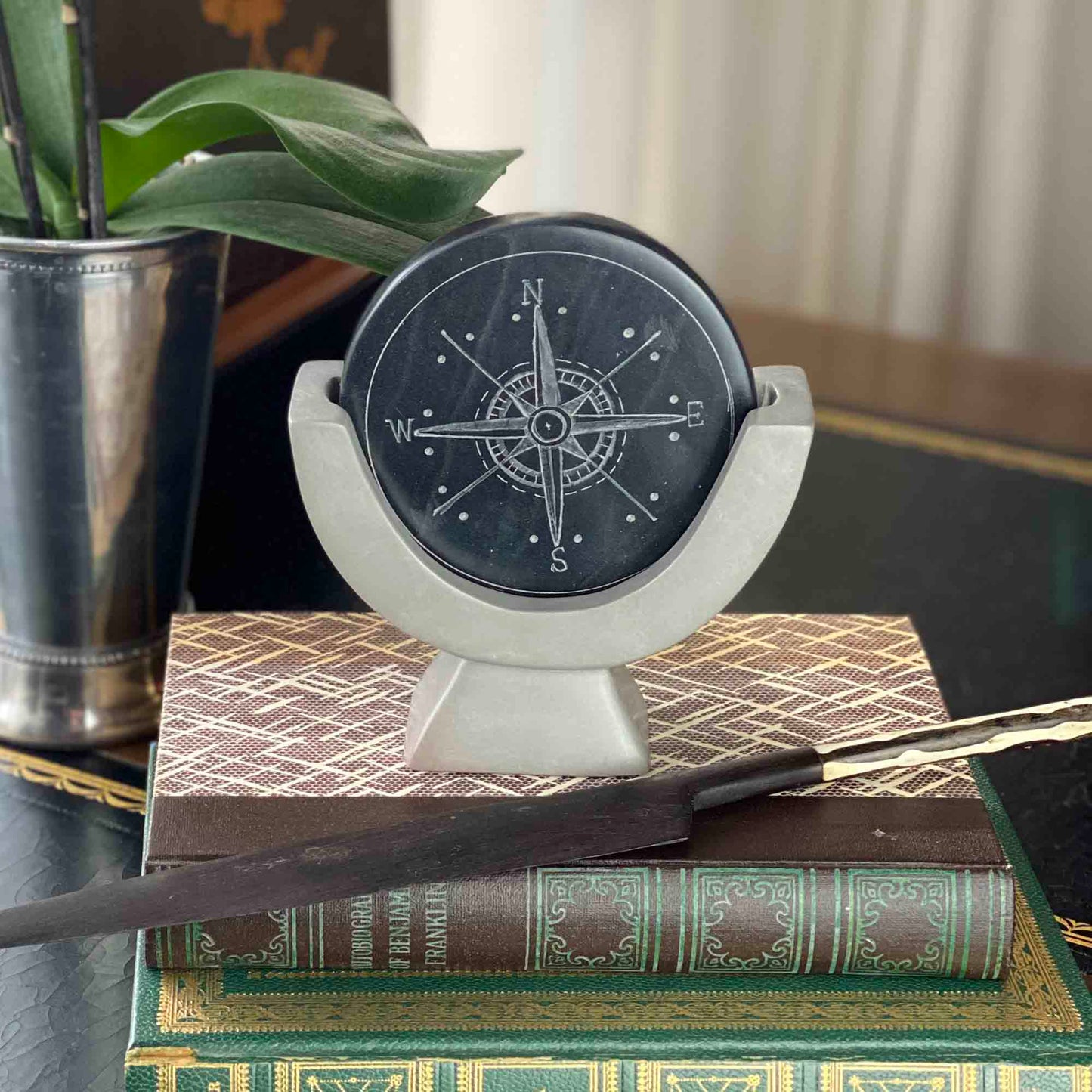 SMOLArt Compass Soapstone Sculpture Dark Gray Stone