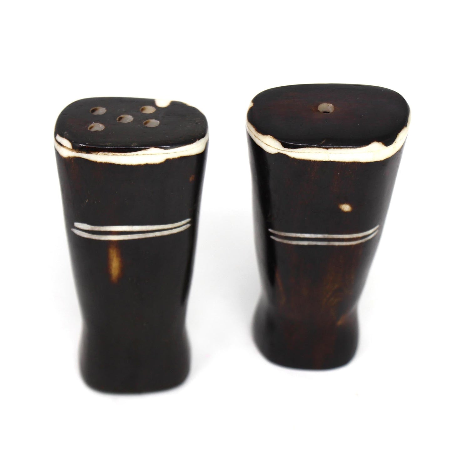 Jedando Handicrafts African Natural Bone Salt & Pepper Shakers, White Etch Design on Dark