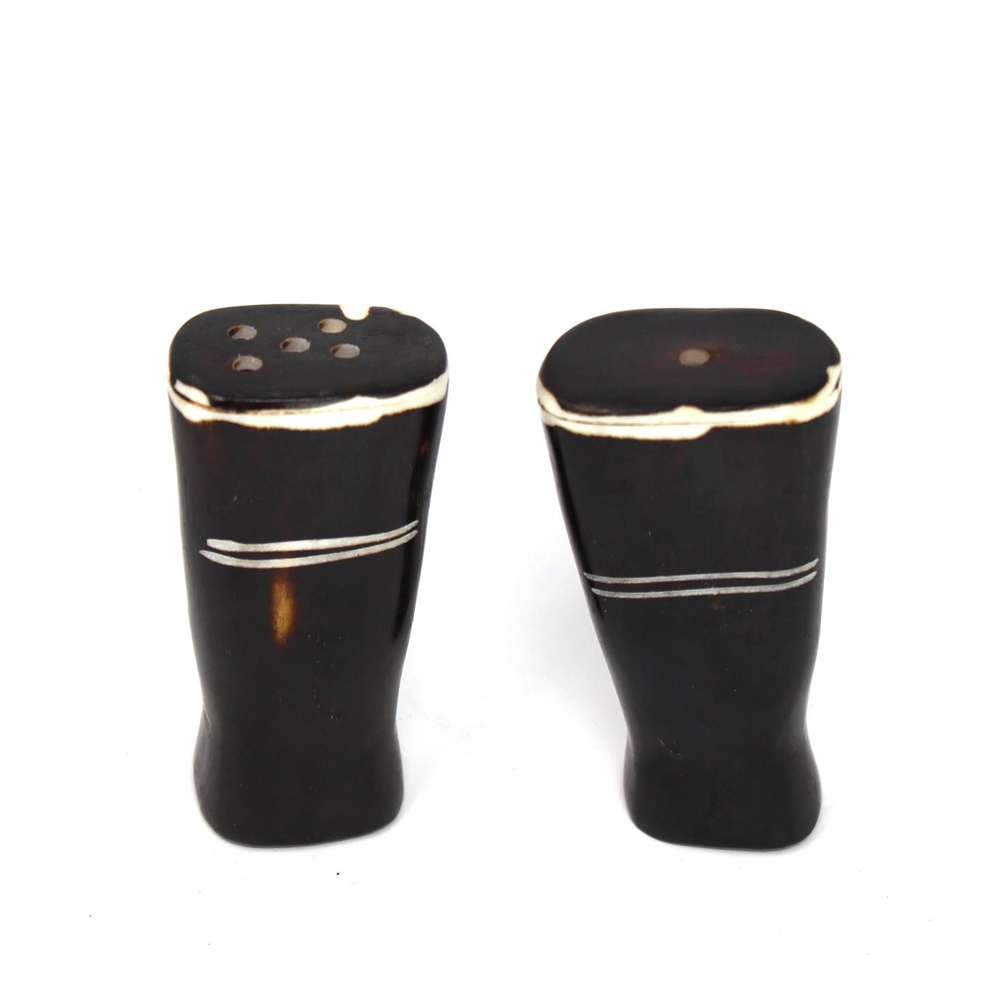 Jedando Handicrafts African Natural Bone Salt & Pepper Shakers, White Etch Design on Dark