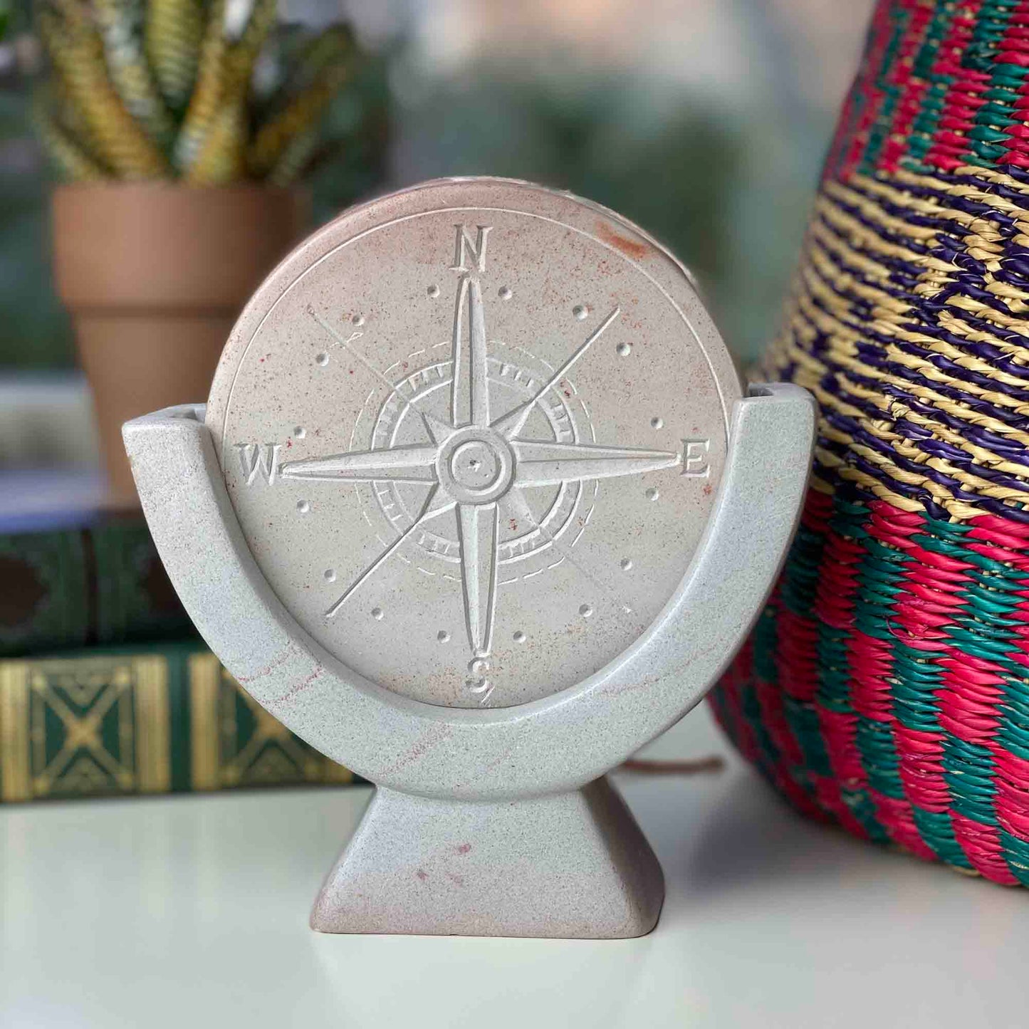 SMOLArt Compass Soapstone Sculpture Light Gray Stone