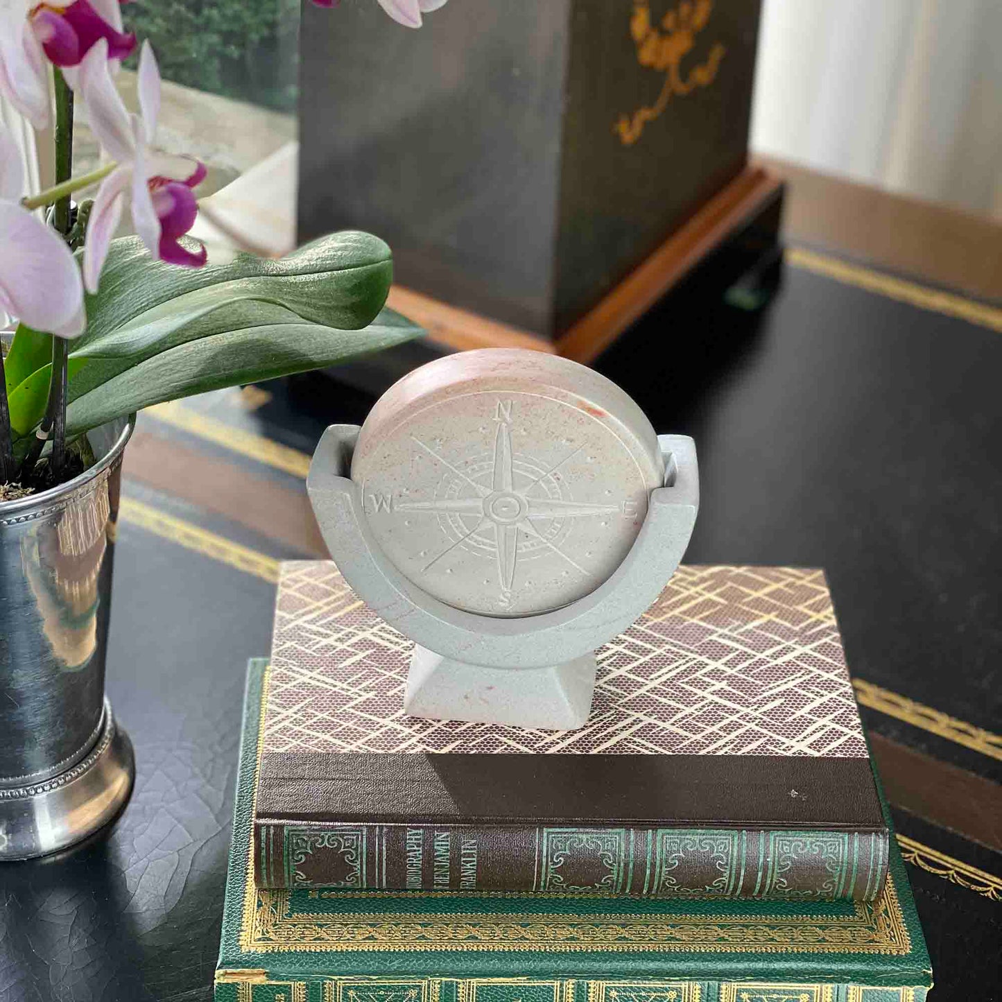 SMOLArt Compass Soapstone Sculpture Light Gray Stone