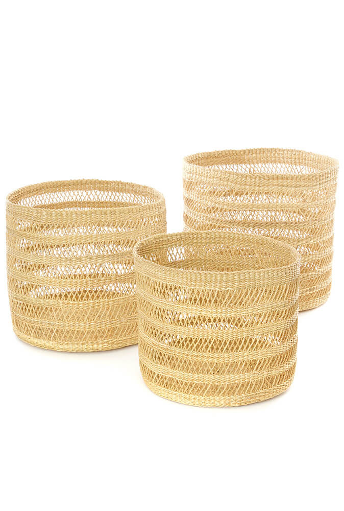 Swahili African Modern Set of Three Veta Vera Lace Weave Basket Bins