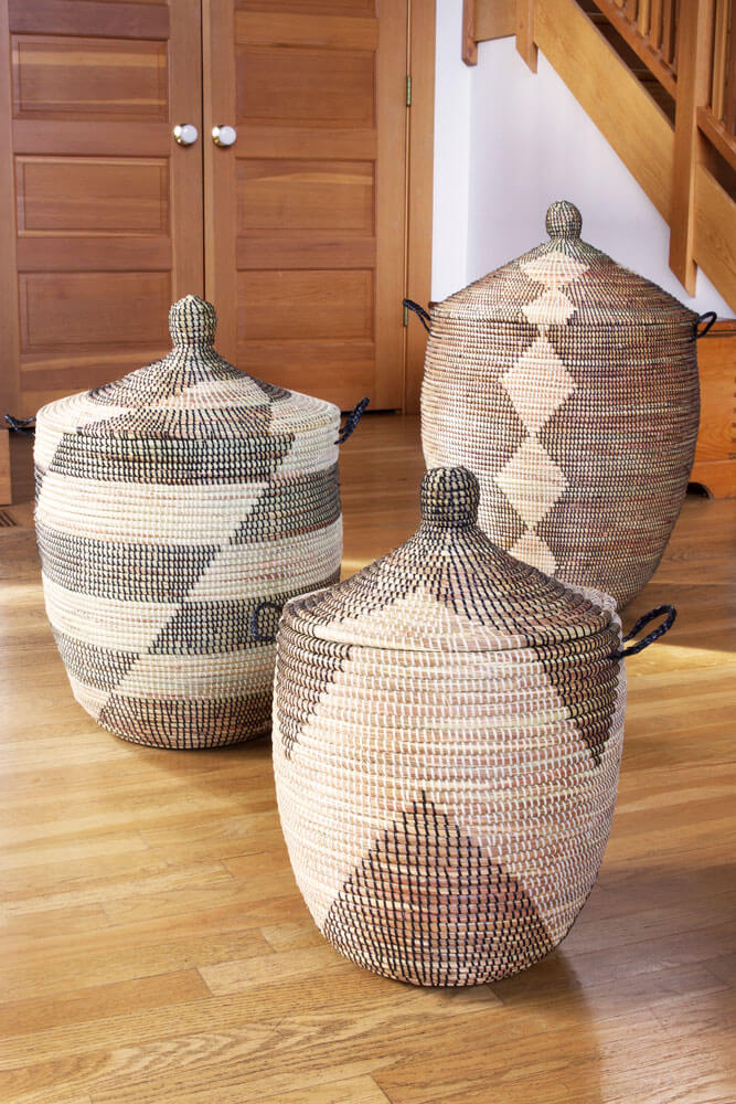 Swahili African Modern Set of Three Black and Beige Mixed Pattern Hampers