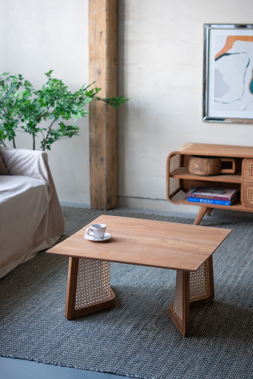 Teak Coffee Table with Teak and Rattan Construction - Natural Wood / Brown