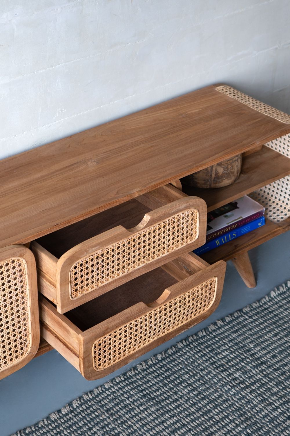 Teak TV Stand with Rattan Panels - Natural Wood / Brown