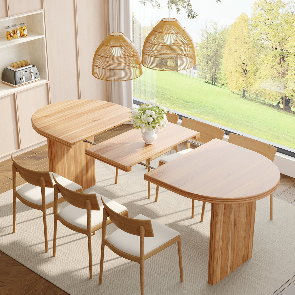 Modern Extendable Dining Table with Removable Extension Leaves - Natural Walnut