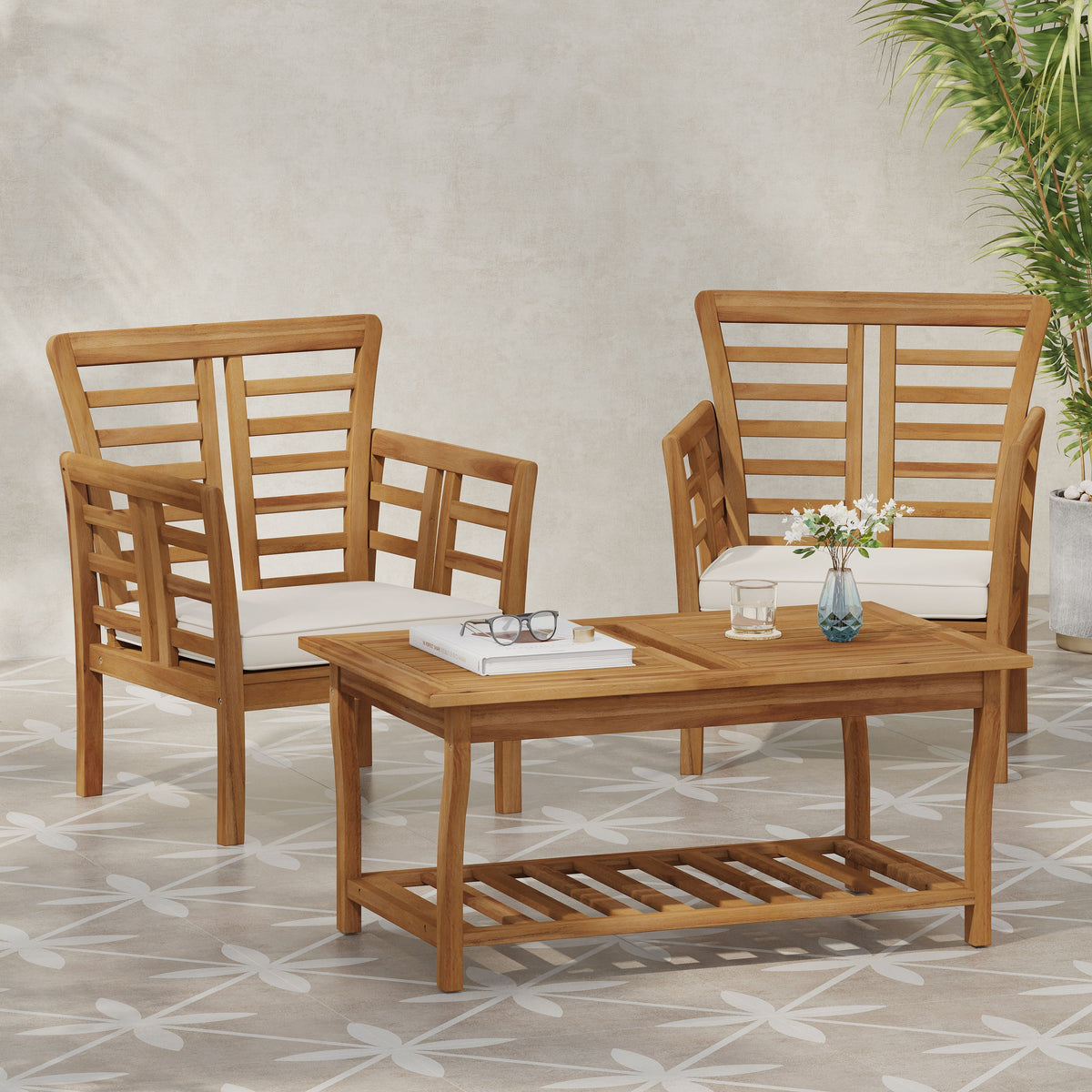 Caydon 2 Club Chairs + Table Outdoor Set with Slat Panel Design - Natural Wood