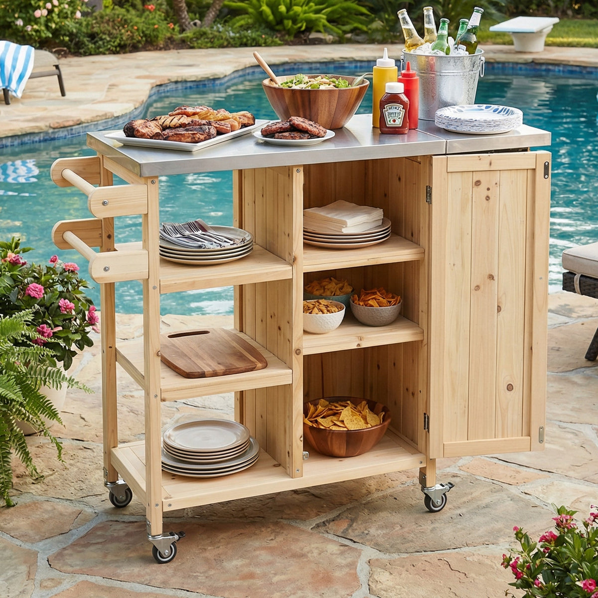 Foldable Outdoor Kitchen Island with Stainless Steel Top and Storage - Natural Fir Wood