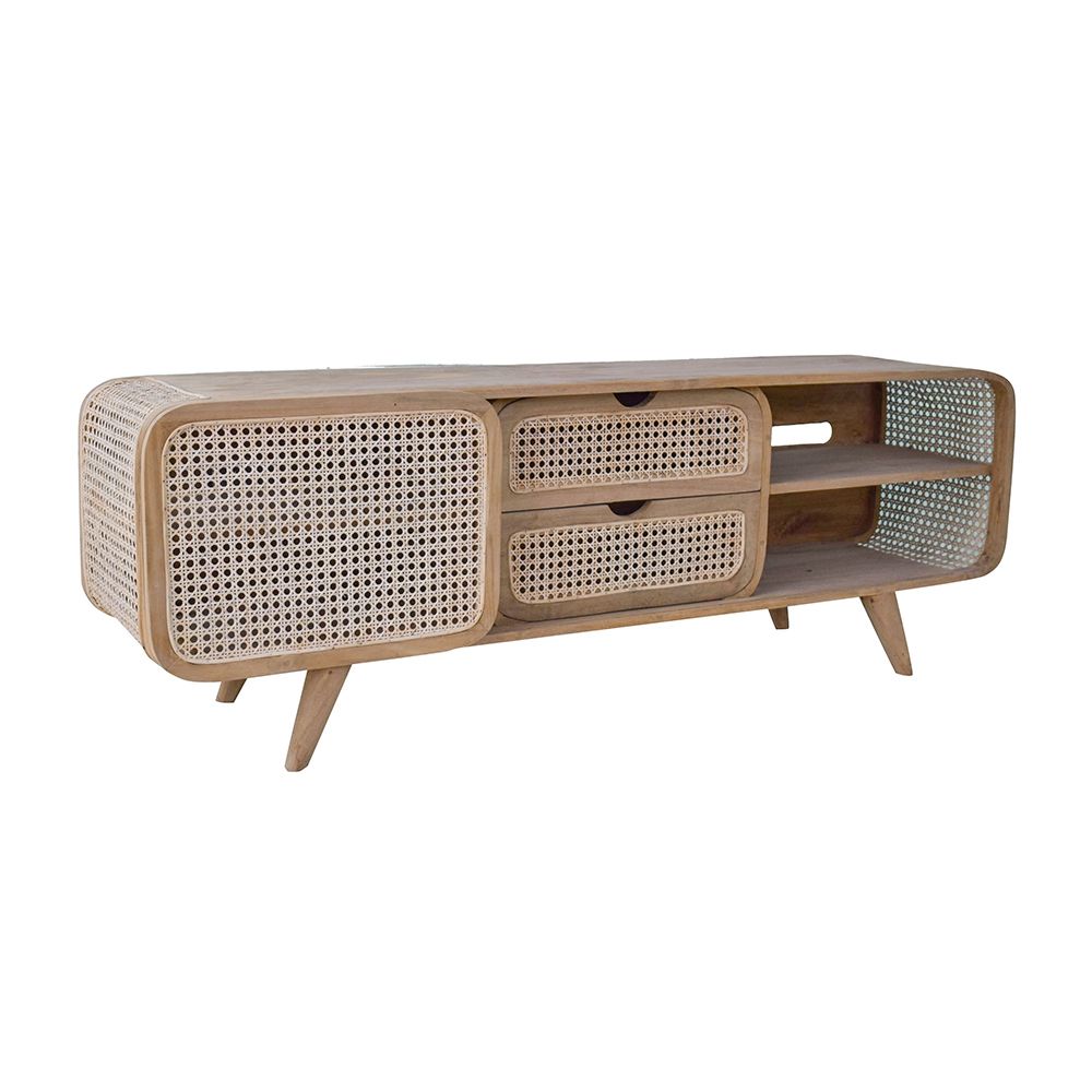 Teak TV Stand with Rattan Panels - Natural Wood / Brown