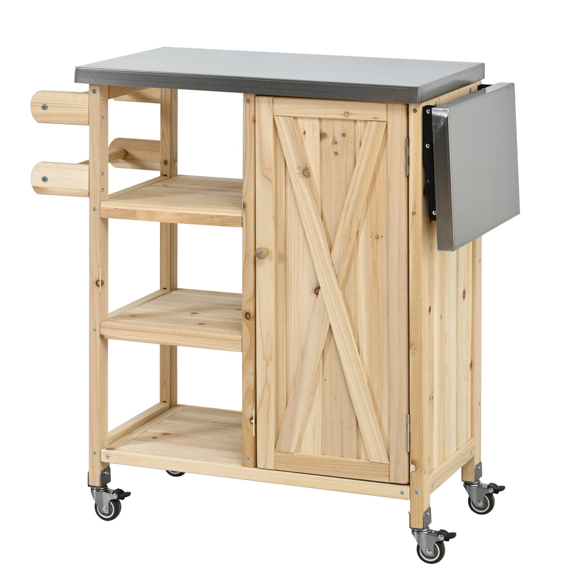 Foldable Outdoor Kitchen Island with Stainless Steel Top and Storage - Natural Fir Wood