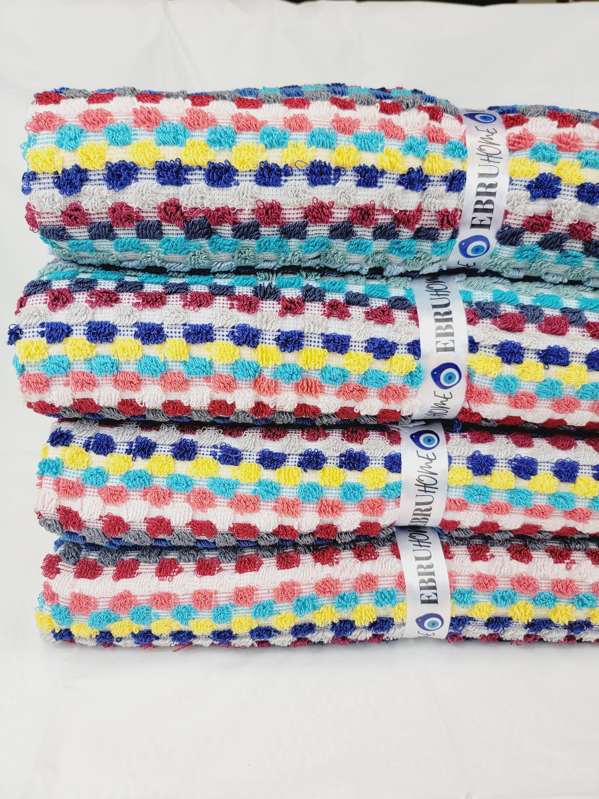 Bath Towels, Organic Turkish Cotton Pom Pom Towels in Red Multicolor