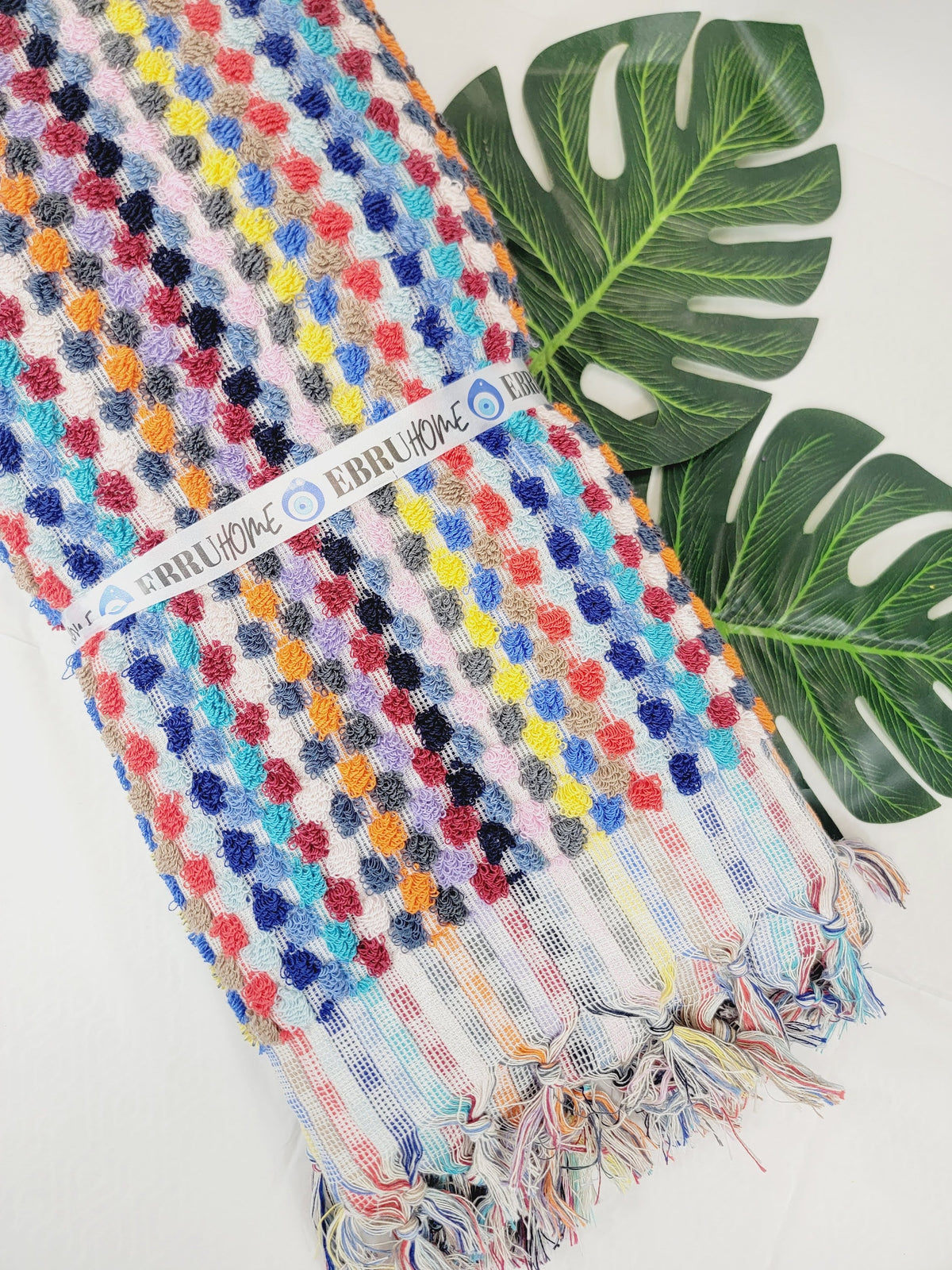 Bath Towels, Organic Turkish Cotton Pom Pom Towels in Orange Multicolor