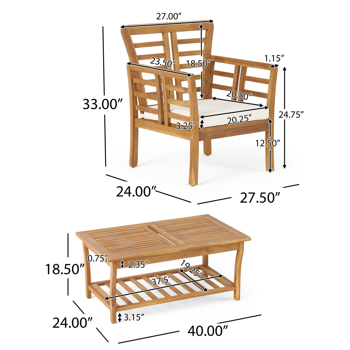 Caydon 2 Club Chairs + Table Outdoor Set with Slat Panel Design - Natural Wood