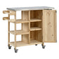 Foldable Outdoor Kitchen Island with Stainless Steel Top and Storage - Natural Fir Wood