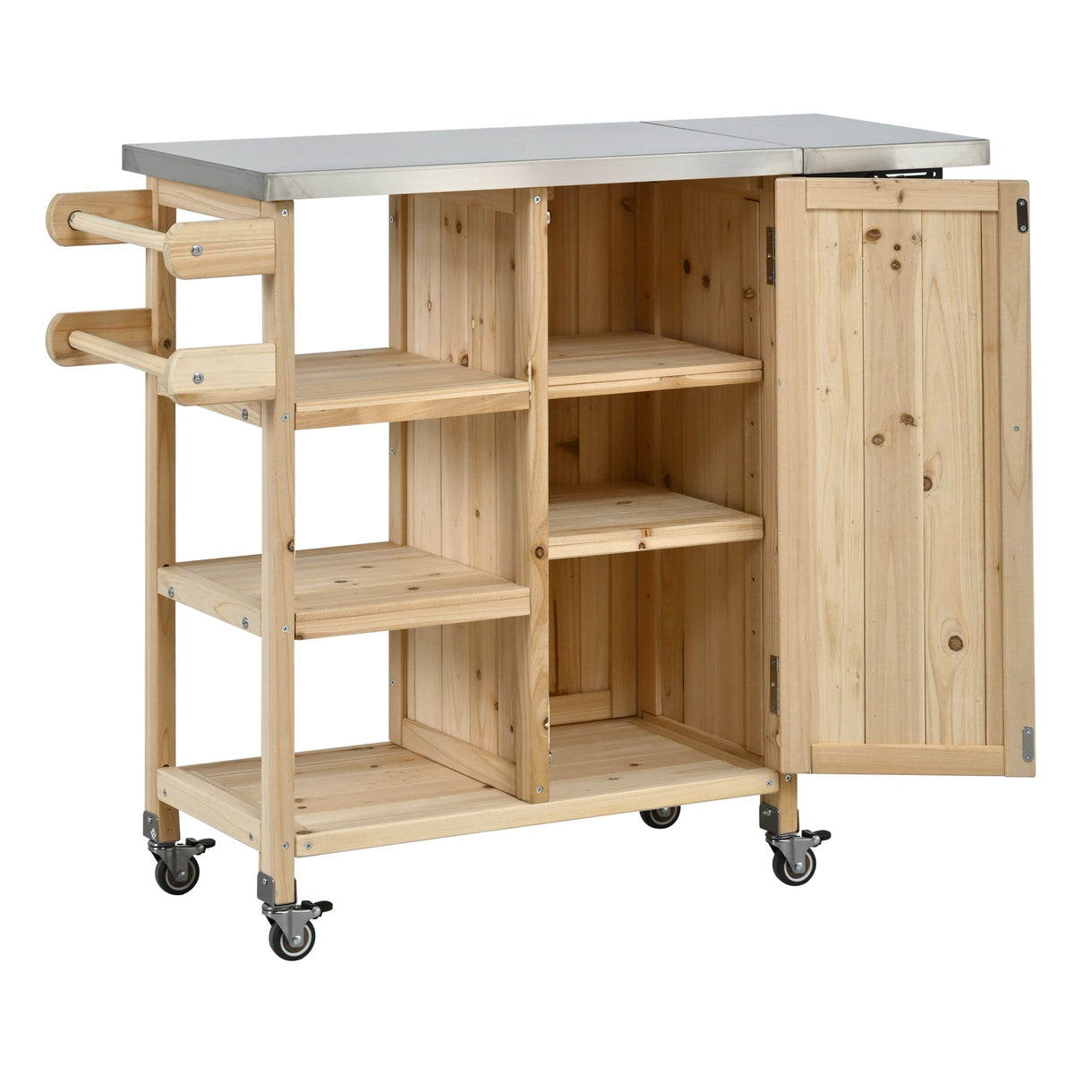 Foldable Outdoor Kitchen Island with Stainless Steel Top and Storage - Natural Fir Wood