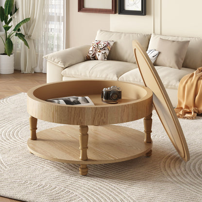 Coffee Table with Dual Storage - Natural Wood, 31.5" Round