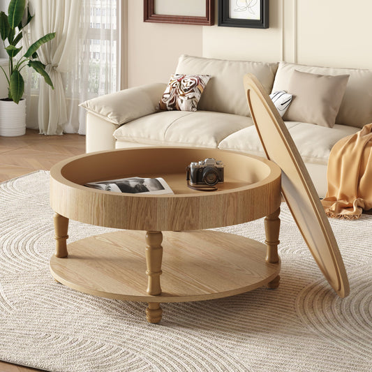 Coffee Table with Dual Storage - Natural Wood, 31.5" Round