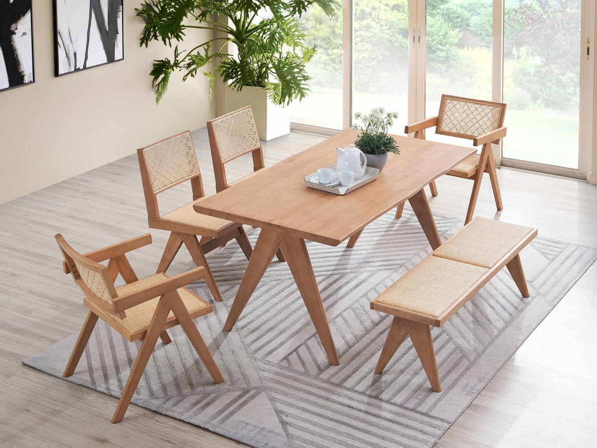 Natural Rattan Outdoor Dining Set with Wood Table – Velentina 5 Pieces - Light Brown