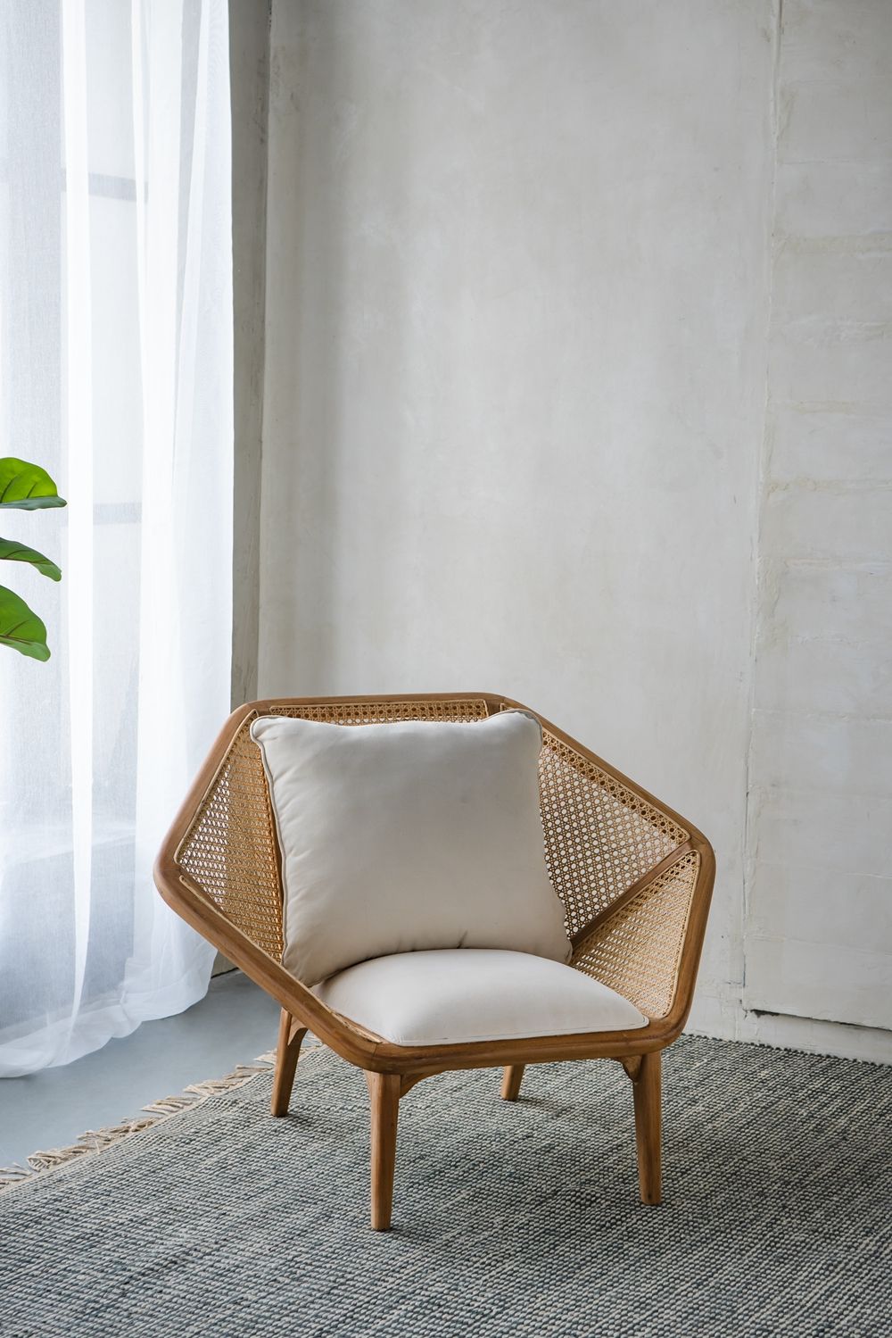 Teak Leisure Chair with Rattan Cane Back - Natural Wood / Brown