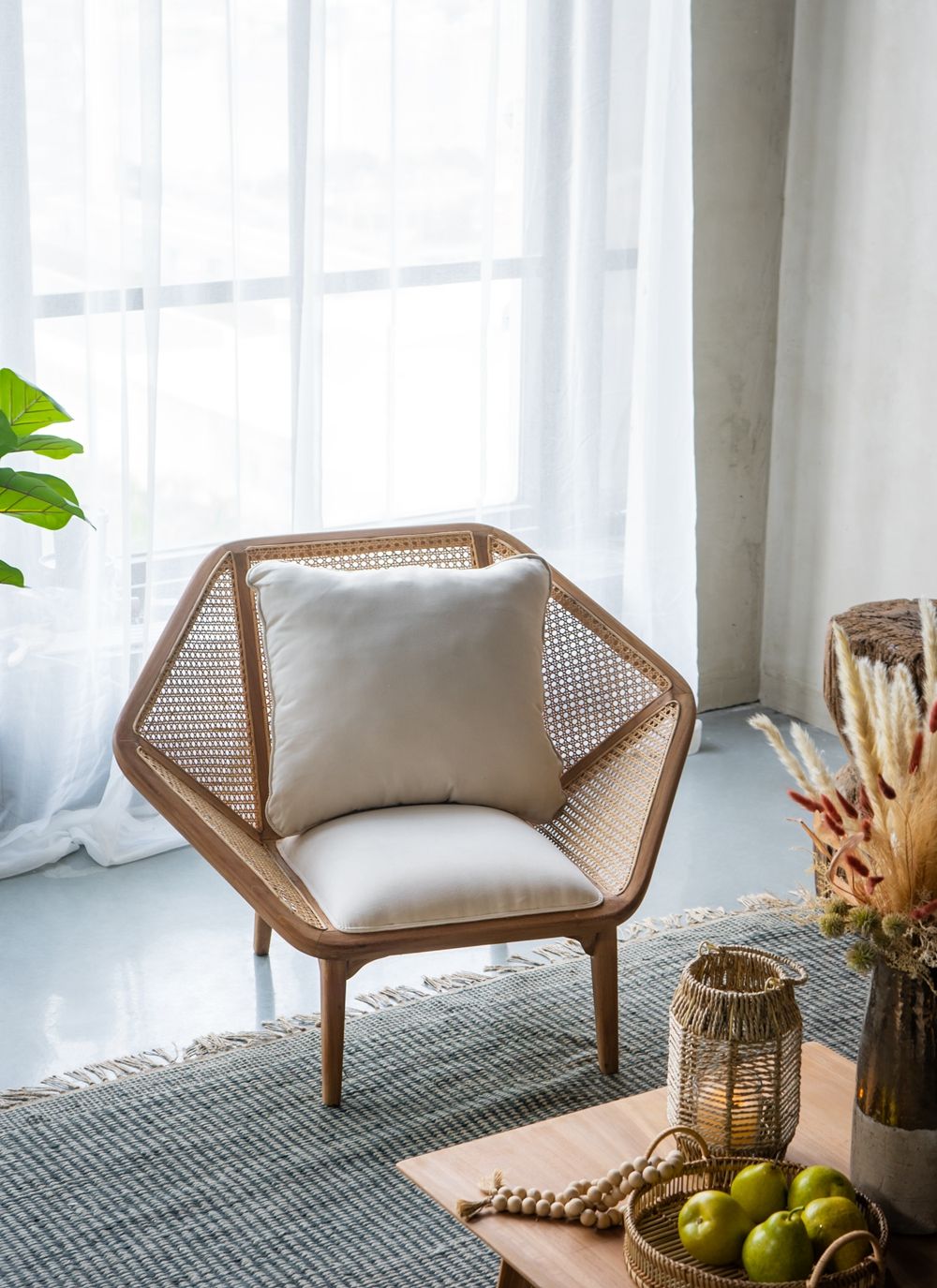 Teak Leisure Chair with Rattan Cane Back - Natural Wood / Brown