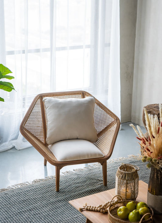 Teak Leisure Chair with Rattan Cane Back - Natural Wood / Brown