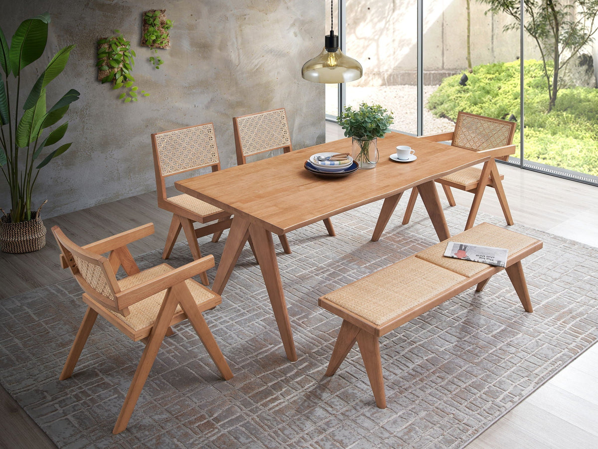 Natural Rattan Outdoor Dining Set with Wood Table – Velentina 5 Pieces - Light Brown