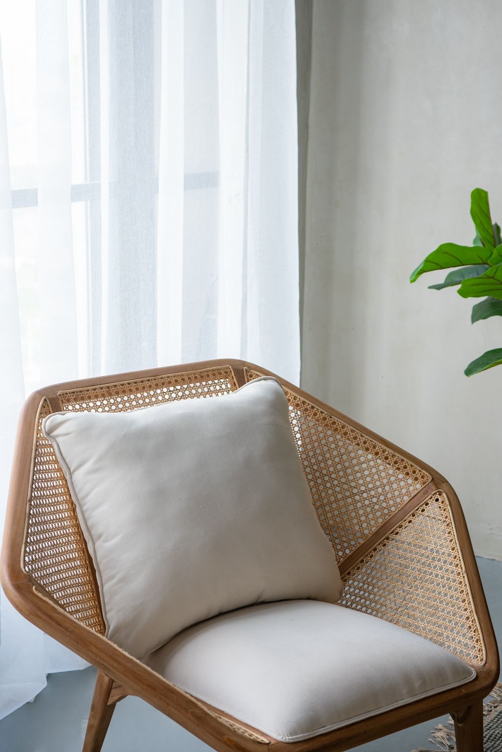 Teak Leisure Chair with Rattan Cane Back - Natural Wood / Brown