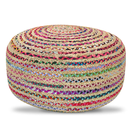 Large Round Pouf with Woven Cotton & Jute - Multicolor