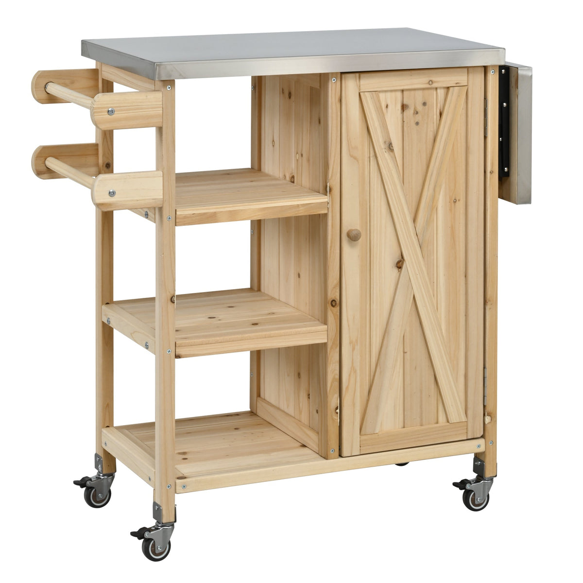 Foldable Outdoor Kitchen Island with Stainless Steel Top and Storage - Natural Fir Wood