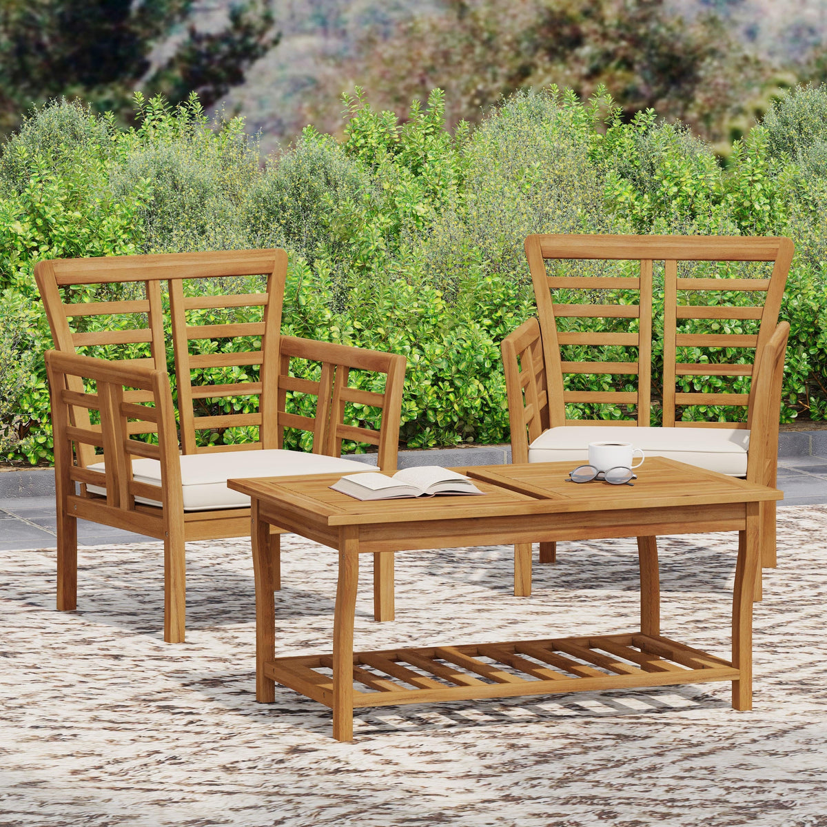 Caydon 2 Club Chairs + Table Outdoor Set with Slat Panel Design - Natural Wood