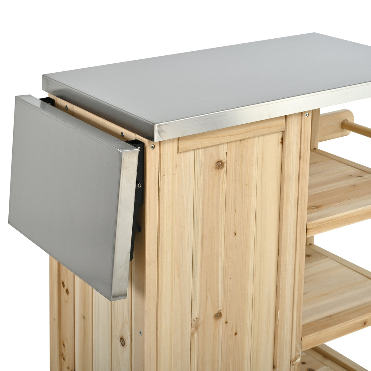 Foldable Outdoor Kitchen Island with Stainless Steel Top and Storage - Natural Fir Wood