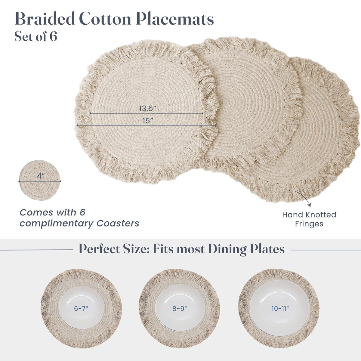 The Fine Living Co. Braided Cotton Placemats (Set of 6 15 Inches) with 6 Free Coasters Washable Anti Slip Heat Resistant Mats Boho Woven Round Table Mats for House Decor Kitchen and Dining