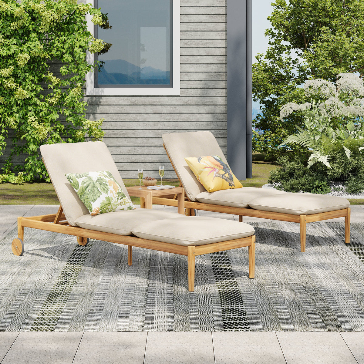 Riviera Outdoor Chaise Lounge with Wheels, Acacia Wood Frame (Set of 2)